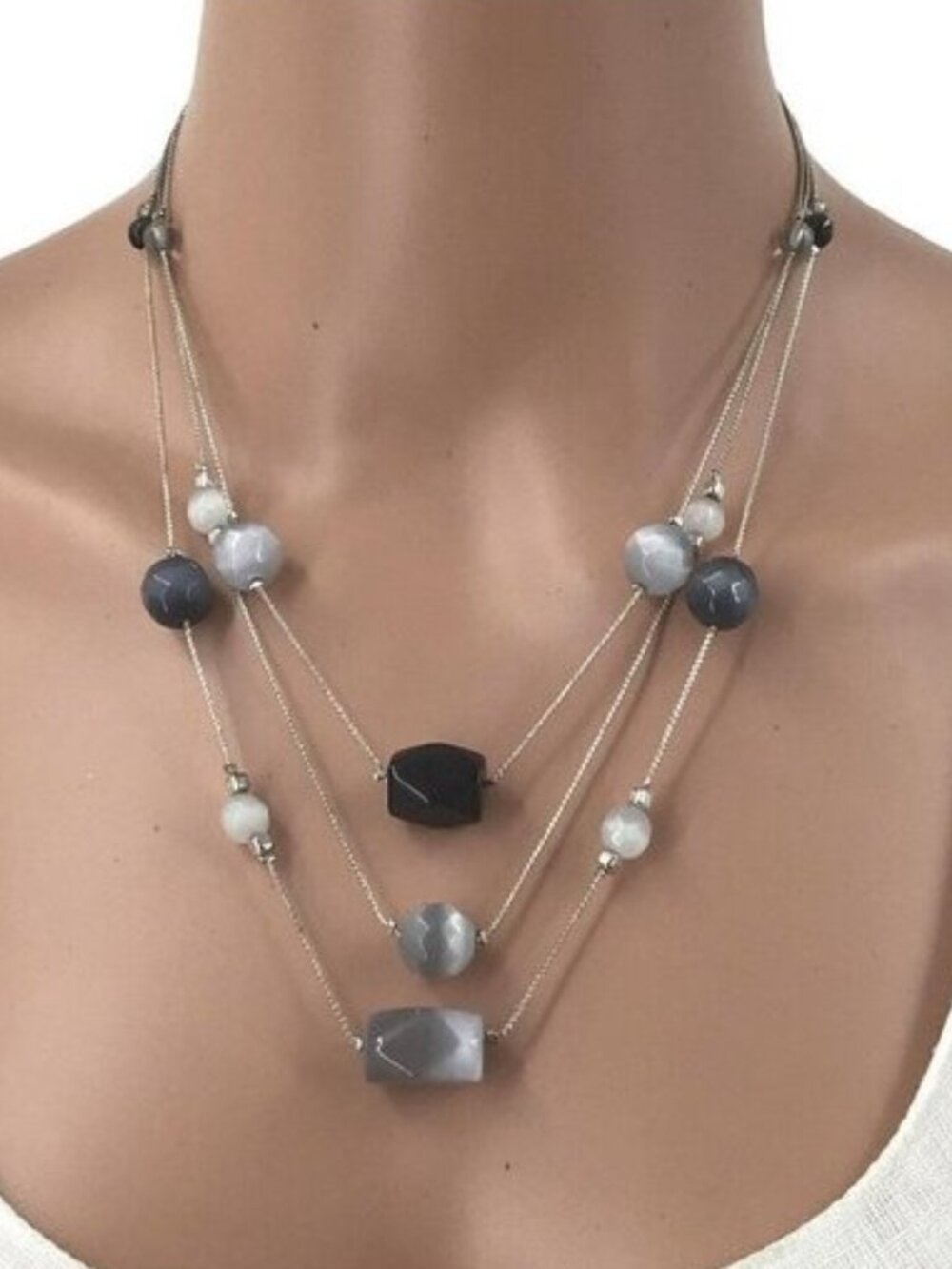 NY Co Triple Strand Necklace Silver Tone Dark Gray White Womens Jewelry